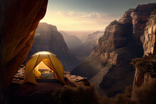 Tent Pitched On A Rocky Cliff Overlooking A Vast Canyon At Sunset. - Generative AI