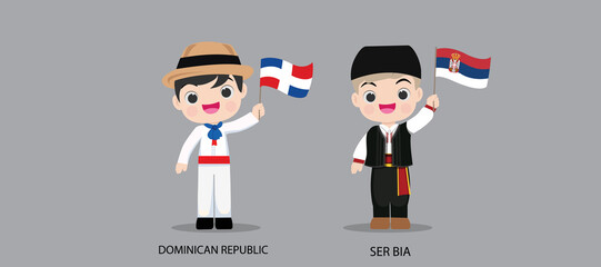 Wall Mural - People in national dress.Dominican Republic,Serbia,Set of pairs dressed in traditional costume. National clothes. Vector illustration.