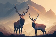 In The Misty Valley, Two Stag Deer With Gorgeous Antlers Generative AI