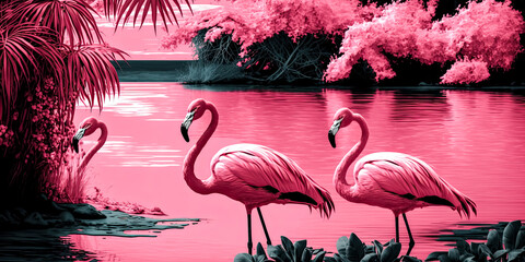 Wall Mural - A Harmonious pink wall adorns a tropical landscape, providing a serene backdrop - generative ai.