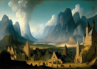 a painting of a castle on top of a mountain, dense volumetric fog, fjords in background, pioneering 