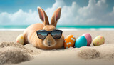 Fototapeta Nowy Jork - Easter bunny on the beach with easter eggs, Generative AI