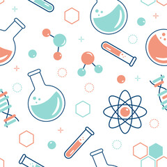 seamless pattern on the topic of chemistry with flasks, test tubes, molecules