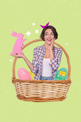 Sticker - Funny curious girl look at big pink easter chocolate bunny stand into holiday basket among decorated eggs low shopping price proposition