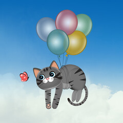 Sticker - illustration of the cat hanging on the flying balloons