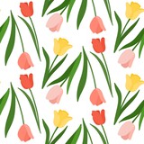 Fototapeta Tulipany - Floral spring seamless pattern of yellow, pink and red tulips, can be used as a background, textile decoration and design