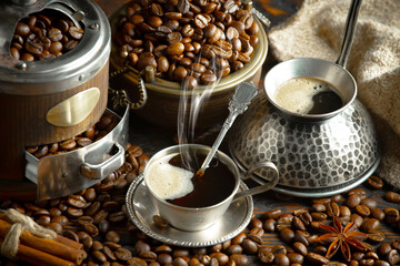 Wall Mural - Espresso coffee with coffee beans on old background.