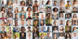 Fototapeta  - Multiethnic people smiling and gesturing on various backgrounds, collage