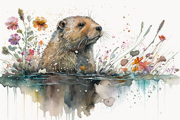 Wall Mural - an adorable baby beaver floating in the water Painting Generative AI