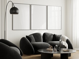 Wall Mural - Three frames mockup with dark sofa in a modern living room interior, 3d render