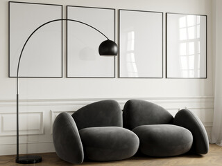 Wall Mural - Four frames mockup with black sofa in a modern interior room, 3d render