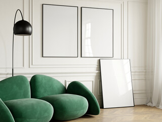 Three frames mockup with green sofa in a modern interior room, 3d render