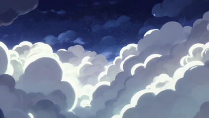 Wall Mural - Glowing Illuminated Clouds in The Night Sky Background Hand Drawn Painting Illustration