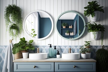 Wall Mural - Two round mirrors, a potted plant, and a double sink in a white and blue bathroom with a wooden shelf and a pot. Generative AI