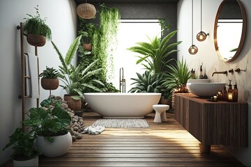 Poster - Your very own tranquil haven at home. Relax in this urban jungle inspired bathroom, complete with a white freestanding tub, assorted tropical plants, and a rustic wooden and wicker aesthetic. A sleek