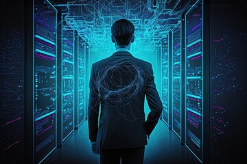 Wall Mural - Man in suit at data center and computer servers with information blue background. Generative AI