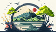 Japanische Landschaft mit Japanischen Details wie See und Berg Abstrakte Illustration 2D Hintergrund Cover  Generative AI Digitale Kunst