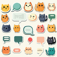 Sticker - Set Of Sticker Style Blank Chat Box With Cat Emoji Elements.