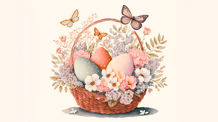 Canvas Print - Illustration of Floral Easter Egg Basket With Butterflies Character And Copy Space. Happy Easter Day Concept.