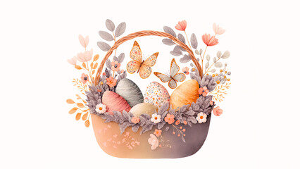 Canvas Print - Illustration of Floral Easter Egg Basket With Butterfly Characters And Copy Space. Happy Easter Day Concept.