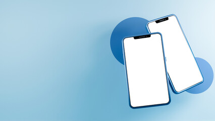 3D Render of Two Smartphone Mockup With Blank Screens On Light Blue Background.