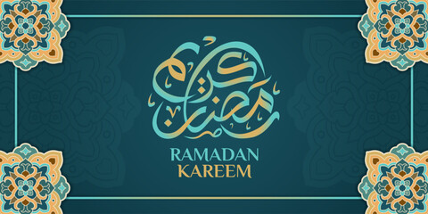 Wall Mural - Islamic ornament template for background, banner, poster, cover design, envelope, social media feed. Ramadan Kareem and eid mubarak 2023 concept, blue background, muslim lantern, pattern