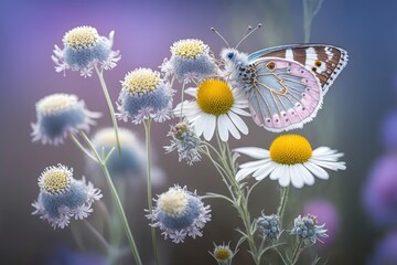 Sticker - Marvelous flora of the wild Early morning macro photograph of chamomile, purple wild peas, and a butterfly in nature. Formatted for reading in landscape with plenty of white space and a soothing blue