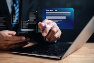 Businessman Sign Terms of use concept, reading terms and conditions of website or service before clicking button agree. Terms and conditions of contract