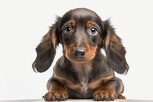 The Cute Dachshund Puppy Is Seated And Begging On A White Background. View From The Front A Guilty Looking Pet Who Has Been Bad And Is Waiting For Punishment. Generative AI