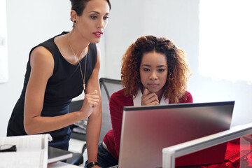 Poster - Collaborating on a project. two businesswoman working together at a computer in an office.