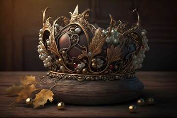 Poster - on a wooden table sits a beautiful golden crown studded with gems. imaginary item. generative ai