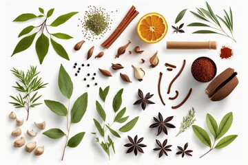 Poster - Herbs and spices on a white background. Generative AI