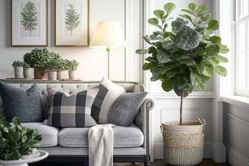 Sticker - Gray velvet sofa, pillows, green plaid, lamp, and fiddle leaf tree in wicker basket in white walled living room. Generative AI