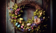 A Wreath With Flowers And Eggs On A Wooden Door Frame.  Generative Ai