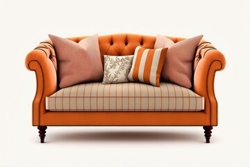 Wall Mural - An individual orange sofa with striped throw pillows. Furniture for the living room that is upholstered. Isolated orange couch. Generative AI