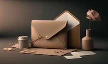  A Brown Envelope With A Flower And A Bottle Of Coffee.  Generative Ai