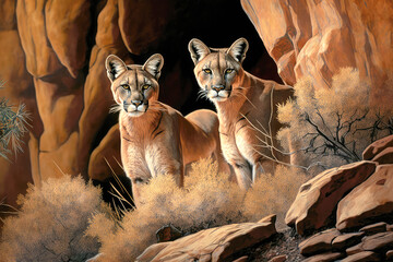 Wall Mural - A pair of pumas silently stalking their prey in a rocky mountain range - Generative AI