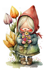 Sticker - Cartoon baby girl with bouquet of flowers and big tulips watercolor Generative AI illustration