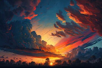 Canvas Print - The sky at sunset, a riot of color as the sun dips below the horizon, and clouds glowing orange and yellow create a serenely beautiful. Generative AI