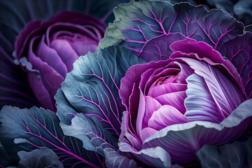 Closeup Of Pink Cabbages. Heads Of Red Cabbage Growing In Vegetable Garden. Generative AI