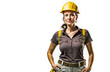 © ink drop - Portrait of a female construction worker wearing hard hat, studio shot, white background. Generative ai