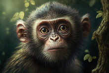 Curious Monkey Peering Over A Tree Branch With Its Big Brown Eyes And Inquisitive Expression, Generative Ai