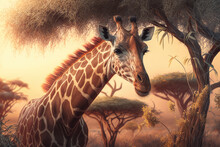 Elegant Giraffe With Its Long Tongue Sticking Out, Reaching For Leaves On A Tall Tree In The African Savannah During Sunset, Generative Ai