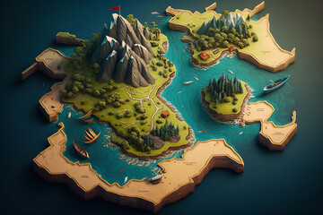 3D rendered fantasy map | magical world filled with lush forests, towering mountains, sprawling cities. vivid and bright colors, map invites you to explore the mysteries of this enchanting realm. Ai
