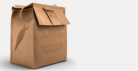 Brown paper bag with fish and bread graphics, suitable for food delivery or takeaway services.