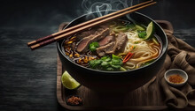 Delicious Asian Classic Soup With Noodles And Meat And Wooden Chopsticks. Copy Space. Based On Generative AI