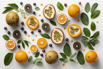 Wall Mural - Flat lay of fresh maracuyas (passion fruits) and their foliage against a white background. Generative AI