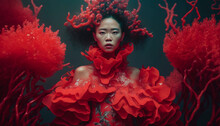 Asian Girl Model In The Show, The Concept Of Protecting The Nature Of The Ocean, The Girl On The Background Of Red Seaweed Scenery. Generative AI.