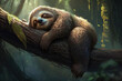Relaxing Sloth Taking a Nap on a Tree Branch in the Jungle, generative ai