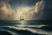 Nostalgic Seascape Ship Oil Painting Generative AI